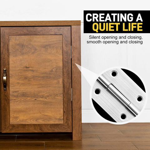 6-pack 2-inch stainless steel cabinet hinges with 24 screws, silver, installed on a wooden cabinet door