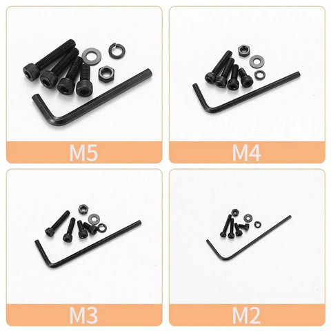 Assorted M2-M5 hex bolts, nuts, washers in All In One 1680 Pcs Metric Hex Bolts And Nuts Set with black finish, hex socket cap screws.