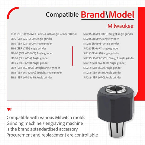 Self-Releasing Collet And Locking Nut Assembly For 1/4 Inch Routers, 6.35mm Fit, displayed with compatibility details