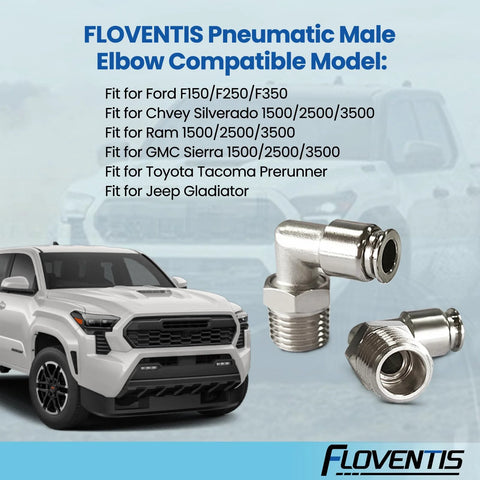 Two FLOVENTIS 304 stainless steel pneumatic male elbow fittings, 1/4 in NPT x 1/4 in tube OD, push-to-connect