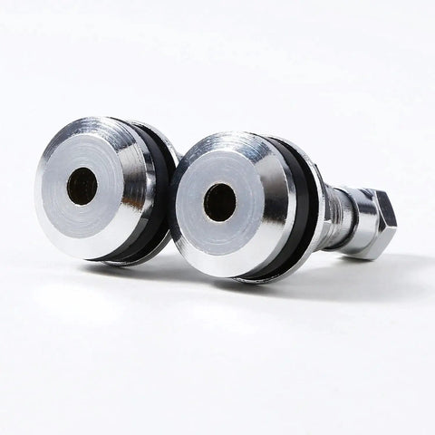 4 Pack Metal Tire Valve Stems TR-416-S Outer Mount 1 Inch Core Brass Chrome, fits 0.453 and 0.625 Inch Rim Holes, close-up view.
