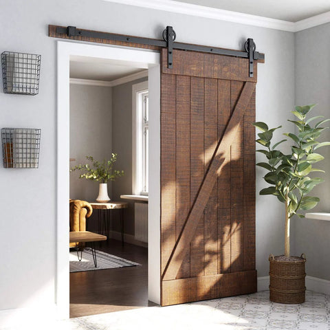 Beefed Up Heavy Duty Sliding Barn Door Hardware Kit Black Steel Track System With Industrial Bigwheel Hangers installed in room