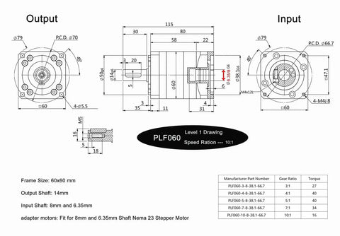 Diagram of High Torque 10 To 1 Planetary Gearbox With Low Backlash 7 Arc-Min 16 Nm 4000 RPM Speed Reducer for Nema 23 Motors, 60x60mm frame.