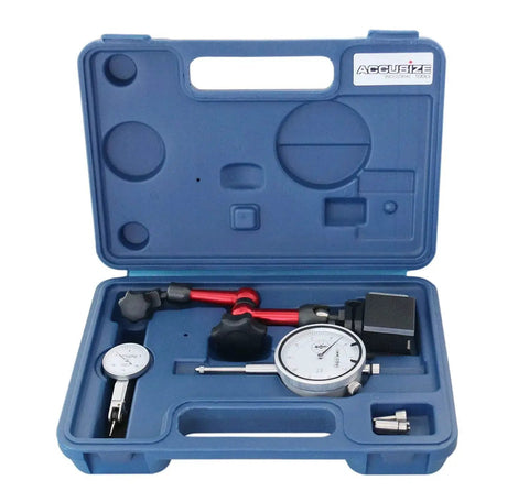 Pro Grade Dial Indicator And Magnetic Base Combo From Accusize Industrial Tools With 0-1 Inch Dial Indicator 0.001 Inch Resolution, 0.03 Inch Test Indicator With 0.0005 Inch Reading, And 30 Kg Capacity Mini Magnetic Stand Red shown in case.