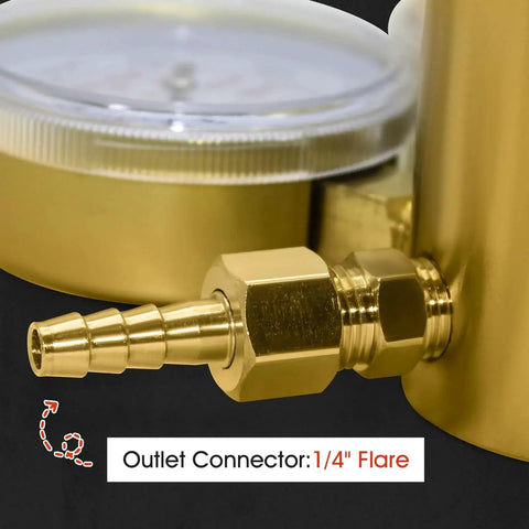 Close-up of High Pressure Nitrogen Regulator With 2.5 Inch Gauges CGA 580 showing 1/4 inch flare outlet connection.