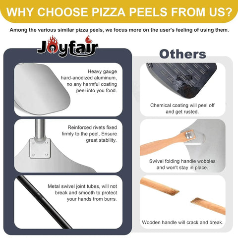 Comparison of Joyfair heavy-duty aluminum pizza peel with extra-long handle and other peel types.