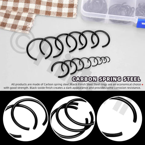 Grab-N-Go Must-Have 322Pcs 14 Size 65Mn Steel Round Wire Snap Rings Kit displayed with assortment of black oxide finish C clips.