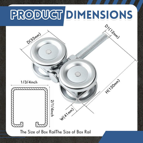 Two Pack Barn Door Roller Trolleys With Beefy Four Wheel Heavy Duty Assembly for 1-3/4 inch rails, product dimensions shown