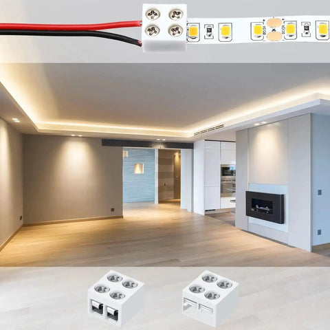 25 Pack 2 Pin 8mm LED Tape Light Connectors With Screwdriver No Solder Needed Wire To Strip Quick Tighten Terminal Blocks For 5V 12V 24V Monochrome Low Voltage LED Strips, shown with LED strip and connectors in a modern room setting.