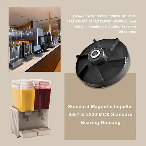 Direct Replacement Magnetic Impeller Kit With Bearing Sleeve for commercial beverage dispensers, product image with models shown.
