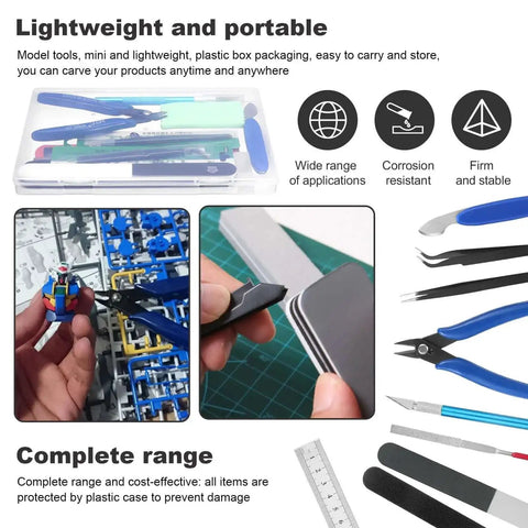 11 Piece Gundam Model Tool Kit For Basic Assembly And Repair Handy Hobby Hand Tools Set showcasing nippers, tweezers, and storage box