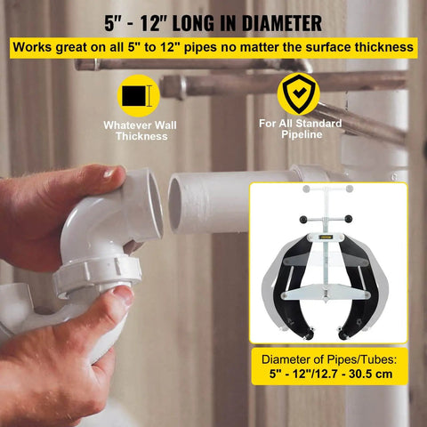 Heavy Duty Pipe Clamp For 5 To 12 Inch Pipes With Quick Acting Screws, Steel construction, displayed with a 5-inch pipe in use.