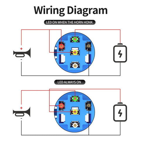 Wiring diagram for 12V Momentary Horn Push Button Switch with Blue LED showing connection for automotive and marine applications.
