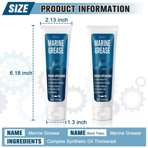 Premium Marine Grade Grease Two Pack For Boat Maintenance, 200 Ml Tubes, Waterproof High Temp Bearing Lubricant for propeller shafts and rudder bearings, trailer bearings, pro grade marine use, temperature range minus 18 to 260 degrees Celsius, rust, front view