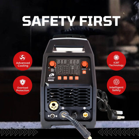 Front view of Aluminum Ready Six In One MIG Welder With Spool Gun 225 Amp 110 220 Volt Auto Synergistic Settings