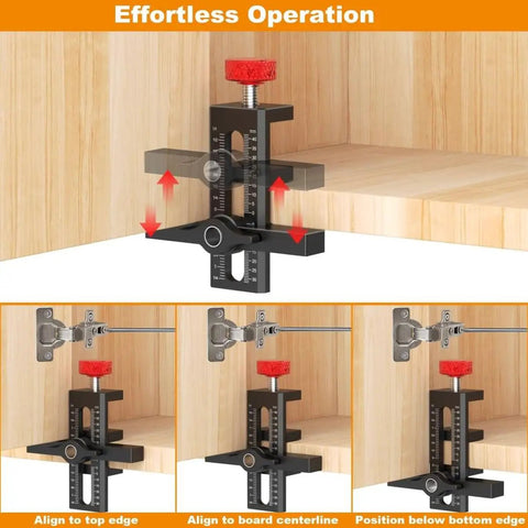 Cabinet Door Mounting Jig With Quick Edge Positioner For Frameless And Face Frame Cabinets Pro Grade Aluminum Hardware Tool For Precise Alignment And 90 Degree Accuracy Slick Setup And Easy Use, demonstrating alignment positions.