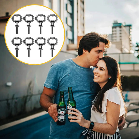 Stainless Steel Bottle Opener Inserts Kit 8 Pack For DIY Wood Turning Black Blank Finish, shown with couple holding bottles.