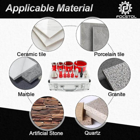 Pro Grade Diamond Core Drill Bit Set For Porcelain Tile Ceramic Marble And Granite 12 Piece Kit with materials shown