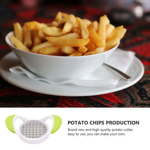 Bowl of French fries next to Creative Potato Cutter Slicer For Home Kitchens Stainless Steel Double Sided Cutter Lets You Cut Potatoes Into Perfect French Fries And Shreds Easy To Use Durable 430 Stainless Construction Random Color
