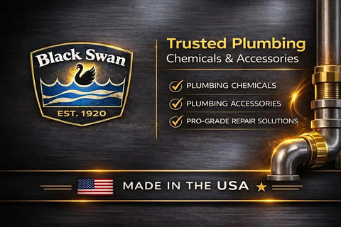 Trusted plumbing chemicals banner with Black Swan logo and copper pipe, emphasizing made in USA quality.