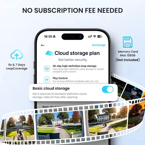 2K Wireless Doorbell Camera With Adjustable Mount No Monthly Fee Local SD Storage Real-Time Alerts Motion Detection 2-Way Talk With Voice Changer Built-In Chime 2.4GHz WiFi Pan And Tilt Angles Easy Install image showing cloud storage plan on smartphone screen