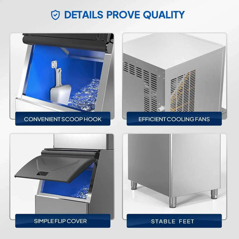 Industrial 550 Lbs Per Day Commercial Ice Maker With 300 Lbs Storage Bin, LCD Touch Control Panel, Automatic Cleaning, Fast Ice Production For Bar, Cafe, Restaurant, Coffee Shop And Market featuring scoop hook, cooling fans, flip cover, stable feet.