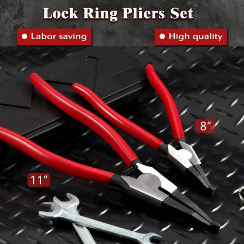 Heavy Duty Lock Ring Pliers Set 2 Piece Flat Snap Ring Pliers for Circlip Rings on metallic surface with case and wrenches