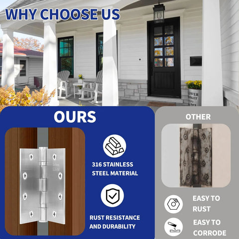 3-pack 4.5x4.5 in 316 stainless steel door hinges, ball-bearing, exterior outswing, rust-proof.