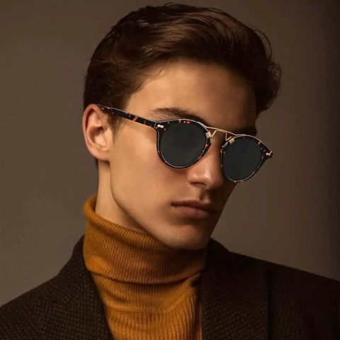 Double Bridge Round Polarized Sunglasses For Men With UV Protection Retro Tortoise Eyewear Nickel Free Metal Brow Design