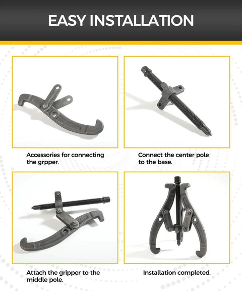 Steps showing assembly of 6 Inch Bearing Puller With Three Jaw Gear Design For Cars SUVs And Motorcycles Heavy Duty Wheel Puller.