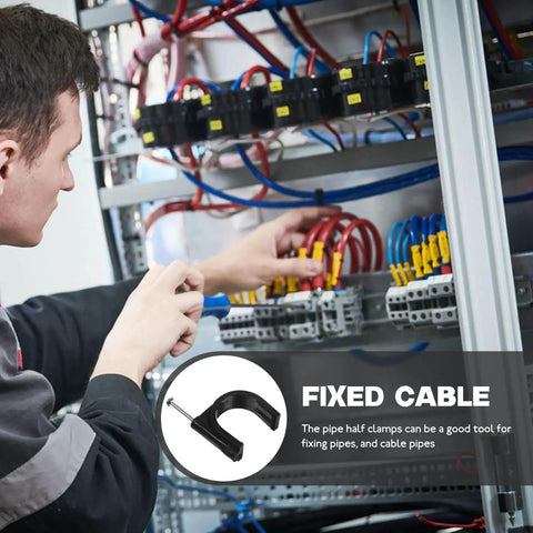 Person installing 100 Pack 25Mm Half Clamp Fixtures With Steel Nails For Cable Management in an industrial setup, close-up view.