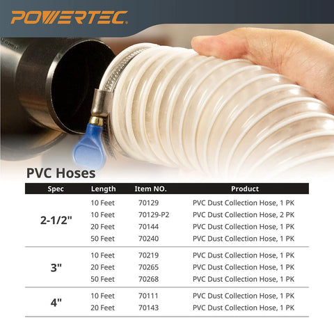 POWERTEC 4 in x 20 ft PVC dust collection hose, flexible translucent hose with blue clamp for woodworking dust collection