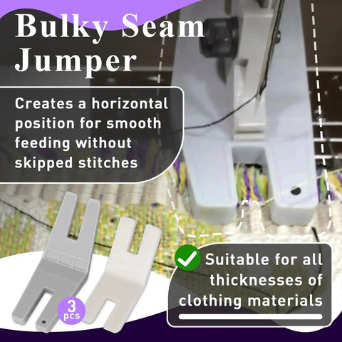 Six Pack Hump Jumper Sewing Tool Set for Quick Seam Finishing and Button Attachments shown installed on sewing machine with two bulky sizes for thick fabrics
