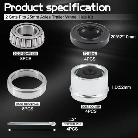 Trailer Bearing Kit 30205 With TC Seal 30x52x10mm And 52mm Dust Cover For 25mm Axles Includes Two Sets Cotter Pins