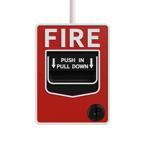 Red fire alarm pull station with "Push In, Pull Down" instructions, suitable for security systems with Budget Friendly 500Ft Shielded 18AWG Two Conductors Alarm Cable CCA Low Voltage Wire For LED Burglar Alarm Fire Detector Security Station Doorbell DIY Ready.
