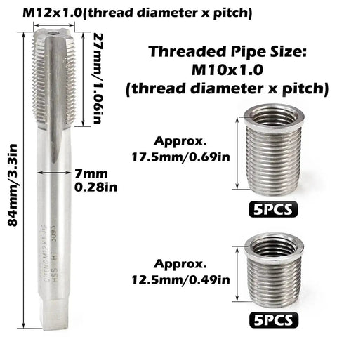 Spark Plug Thread Repair Kit With M10 X 1.0 Bolt And M12 X 1.0 Tap, Stainless Steel Helicoil Set shown in dimensions and pieces.