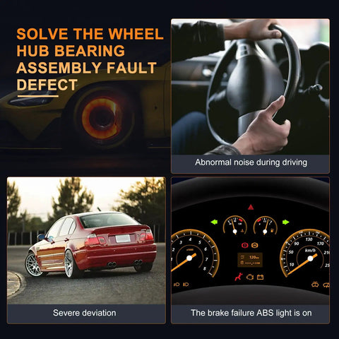 Image collage with car issues: steering problem, rear view of red car, ABS warning light, related to wheel hub bearing assembly fault.