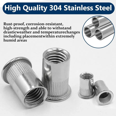 Rivet Nut Kit With 300 Pcs Metric And SAE Rivet Nuts M3 Through M12 And 8-32 Through 1/4-20 In 304 Stainless Flat Head Nutserts For DIY Gearheads Auto Repair Bikes And Home Projects, showing stainless steel nutserts in various sizes.