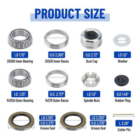 Boat Trailer Axle Bearing Kit Set For Tandem 5200 7000 Lb Axles With D42 Spindle Includes Grease Seals Spindle Nuts 2.72 Inch Dust Caps