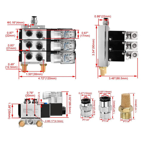 Diagram of Beefy 4V210-08 Solenoid Pneumatic Valve With AC220V Coil showing dimensions and fittings