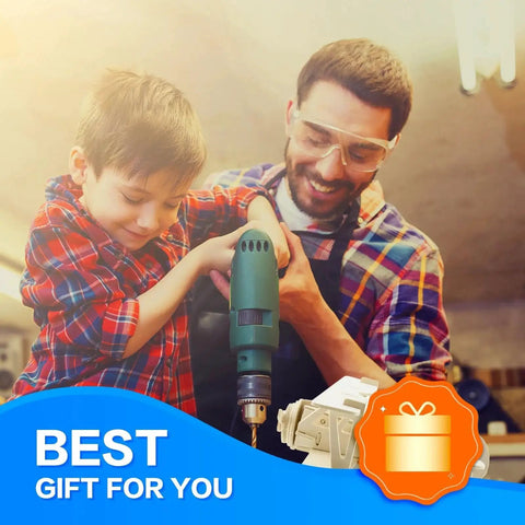 Father and son using a drill for a DIY project with a gift box symbol promoting best gift for you.