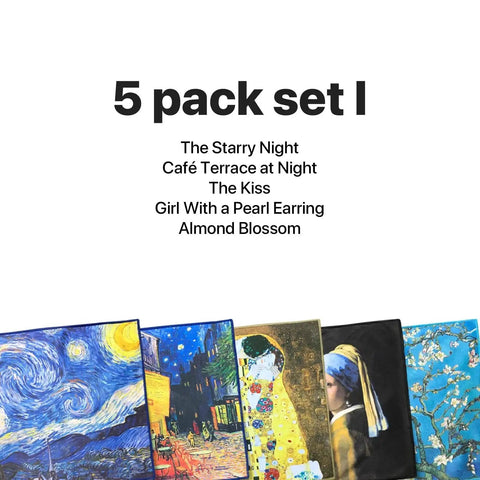 5 pack set I featuring The Starry Night, Café Terrace at Night, The Kiss, Girl With a Pearl Earring, Almond Blossom images