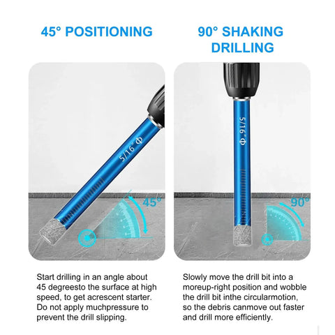 Diagram showing angles for Ten Piece Dry Diamond Drill Bits Set With One Quarter Inch Shank For Ceramic Tile Granite Marble Glass Concrete And Masonry Drilling