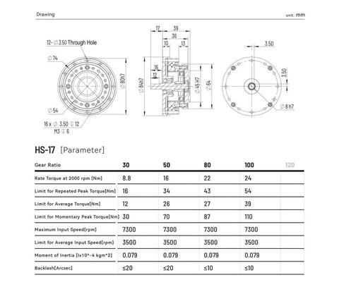 Technical drawing of Harmonic Drive Reducer Strain Wave Gearbox HS17IV for Servo Motors with measurements and specifications.