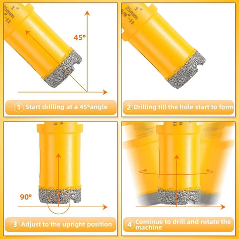 Instructional guide for using Diamond Core Drill Bit Set for Marble Ceramic and Porcelain Tiles Vacuum Brazed Hole Saw Kit