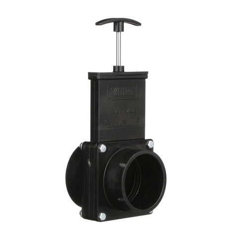 Valterra ABS gate valve, 3-inch hub x spigot, RV use, black plastic body with T-handle.