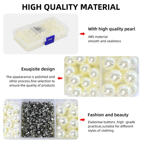 Pearl Setting Hand Press Tool Kit with 1700 white pearl beads, 1000 rivet studs, shown in a compartmentalized box.