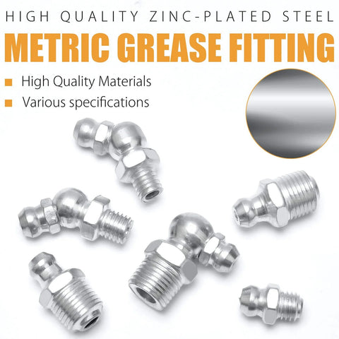 Zinc-plated grease fittings set for grease guns; SAE and metric zerk fittings in straight and angled (45°/90°) styles.