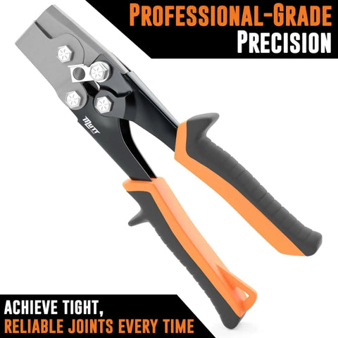 Beast Heavy Duty Snap Lock Punch Notcher with safety lock, orange handles, for sheet metal gutter work and end cap crimping.
