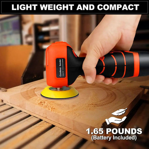 Cordless 3 Inch Palm Sander Kit With 16.8V 3.0Ah Liion Battery in use sanding wooden surface